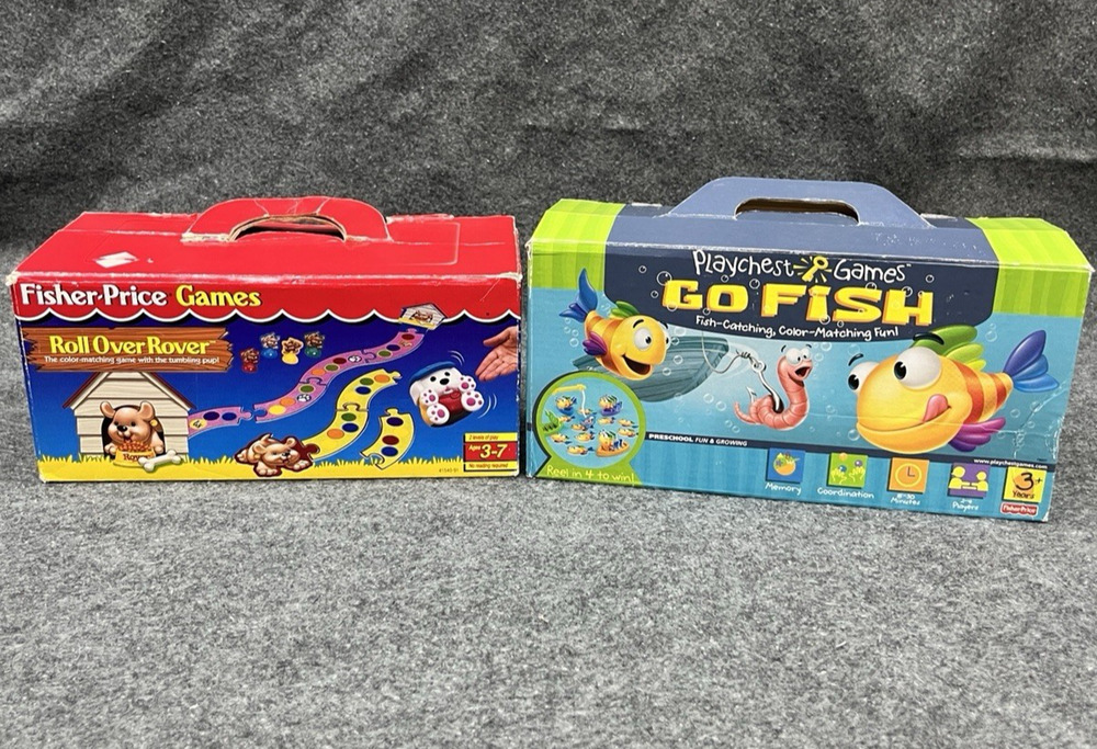 Vintage Fisher Price Roll Over Rover Game & Mattel Go Fish Lot COMPLETE w/ Boxes